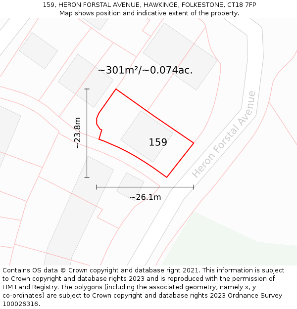 159, HERON FORSTAL AVENUE, HAWKINGE, FOLKESTONE, CT18 7FP: Plot and title map