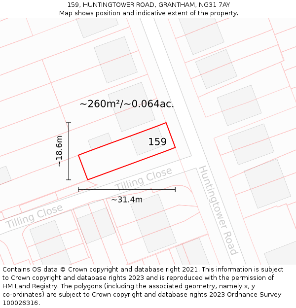 159, HUNTINGTOWER ROAD, GRANTHAM, NG31 7AY: Plot and title map