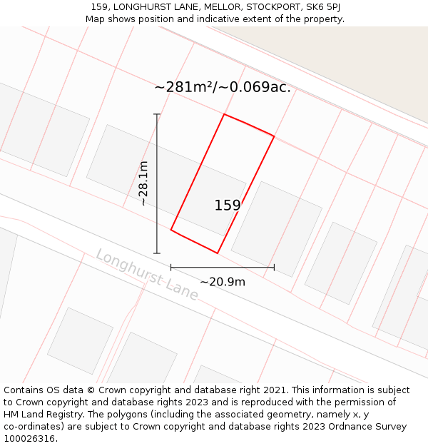 159, LONGHURST LANE, MELLOR, STOCKPORT, SK6 5PJ: Plot and title map