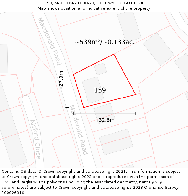 159, MACDONALD ROAD, LIGHTWATER, GU18 5UR: Plot and title map