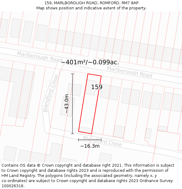 159, MARLBOROUGH ROAD, ROMFORD, RM7 8AP: Plot and title map