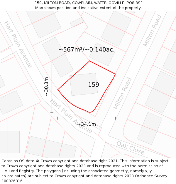 159, MILTON ROAD, COWPLAIN, WATERLOOVILLE, PO8 8SF: Plot and title map