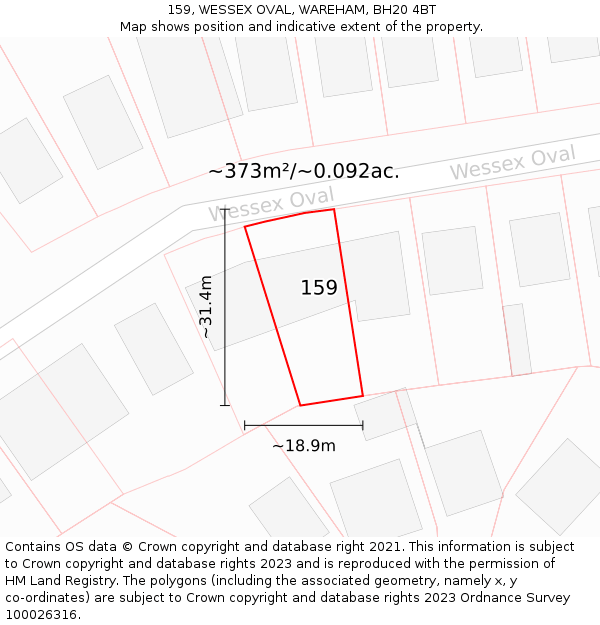 159, WESSEX OVAL, WAREHAM, BH20 4BT: Plot and title map