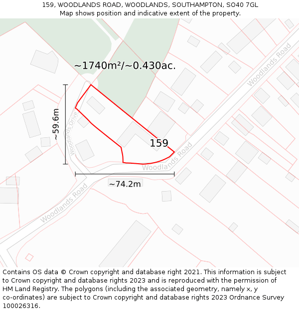 159, WOODLANDS ROAD, WOODLANDS, SOUTHAMPTON, SO40 7GL: Plot and title map