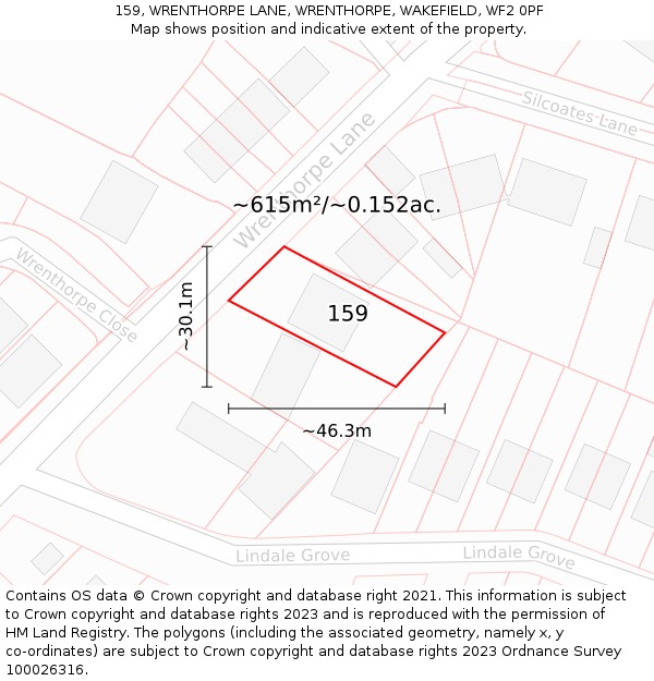 159, WRENTHORPE LANE, WRENTHORPE, WAKEFIELD, WF2 0PF: Plot and title map