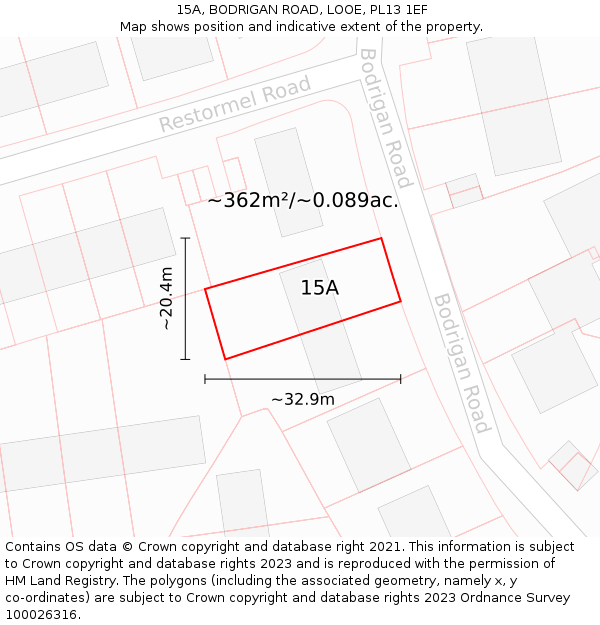 15A, BODRIGAN ROAD, LOOE, PL13 1EF: Plot and title map