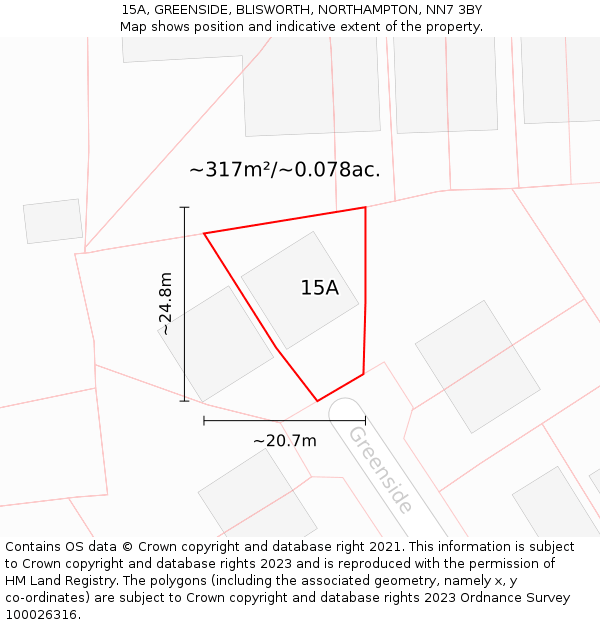 15A, GREENSIDE, BLISWORTH, NORTHAMPTON, NN7 3BY: Plot and title map