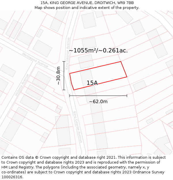 15A, KING GEORGE AVENUE, DROITWICH, WR9 7BB: Plot and title map