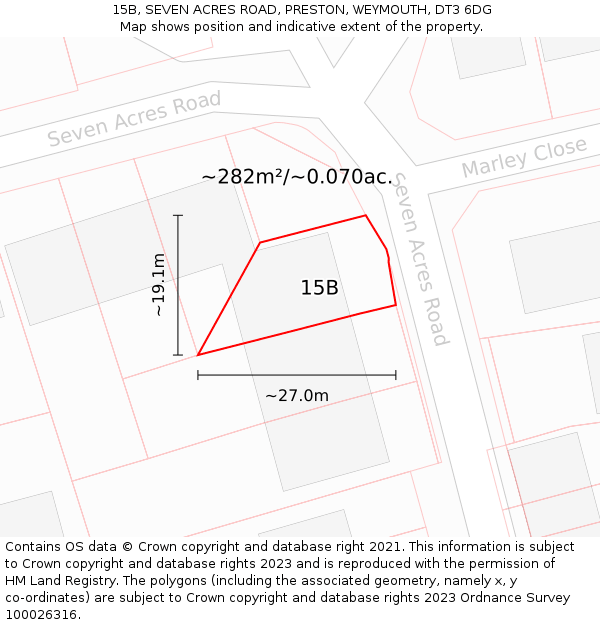 15B, SEVEN ACRES ROAD, PRESTON, WEYMOUTH, DT3 6DG: Plot and title map