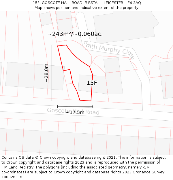 15F, GOSCOTE HALL ROAD, BIRSTALL, LEICESTER, LE4 3AQ: Plot and title map