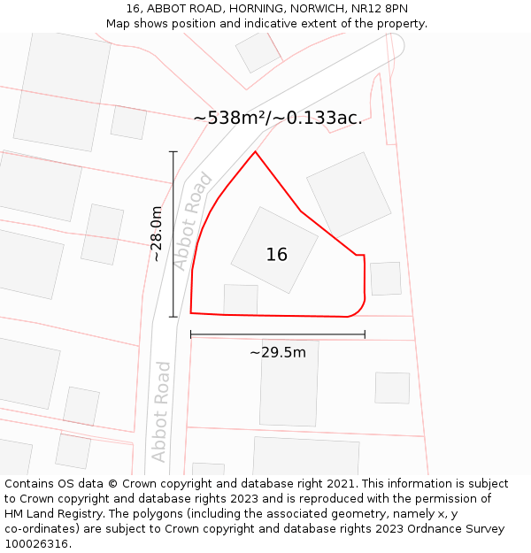 16, ABBOT ROAD, HORNING, NORWICH, NR12 8PN: Plot and title map