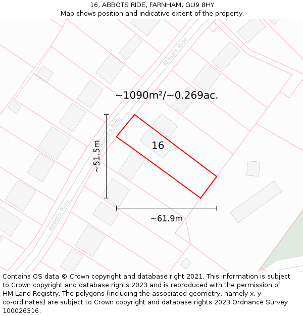 16, ABBOTS RIDE, FARNHAM, GU9 8HY: Plot and title map