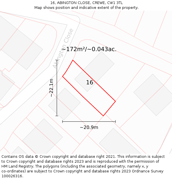 16, ABINGTON CLOSE, CREWE, CW1 3TL: Plot and title map