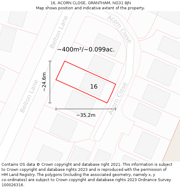 16, ACORN CLOSE, GRANTHAM, NG31 9JN: Plot and title map