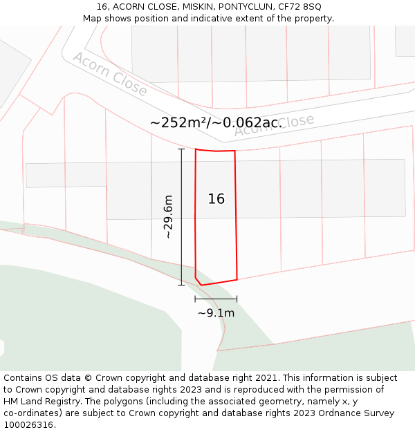 16, ACORN CLOSE, MISKIN, PONTYCLUN, CF72 8SQ: Plot and title map