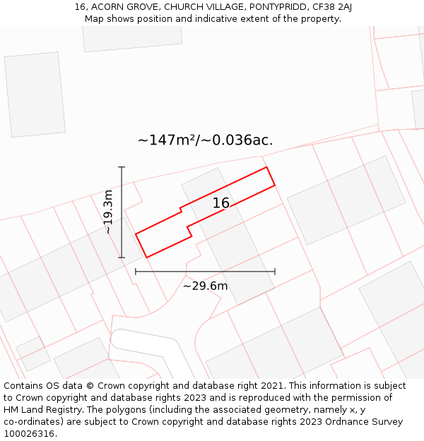 16, ACORN GROVE, CHURCH VILLAGE, PONTYPRIDD, CF38 2AJ: Plot and title map