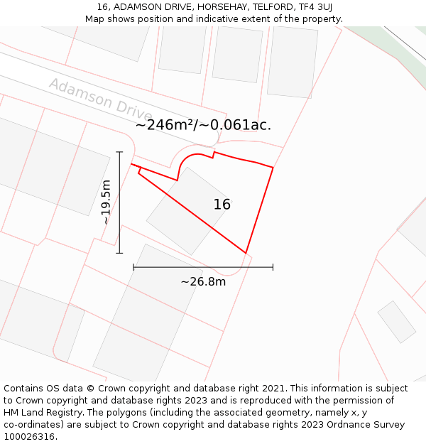 16, ADAMSON DRIVE, HORSEHAY, TELFORD, TF4 3UJ: Plot and title map