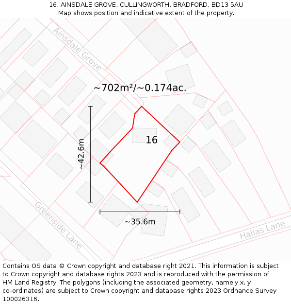 16, AINSDALE GROVE, CULLINGWORTH, BRADFORD, BD13 5AU: Plot and title map