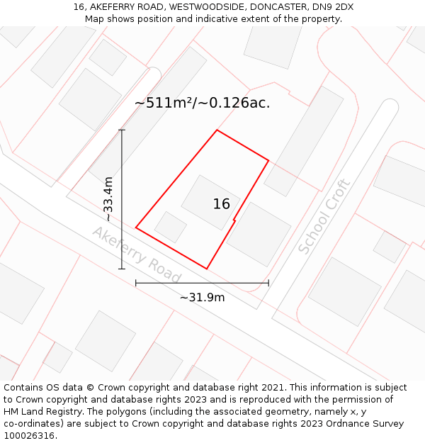 16, AKEFERRY ROAD, WESTWOODSIDE, DONCASTER, DN9 2DX: Plot and title map