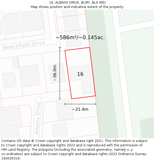 16, ALBANY DRIVE, BURY, BL9 9RD: Plot and title map