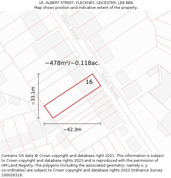 16, ALBERT STREET, FLECKNEY, LEICESTER, LE8 8BA: Plot and title map