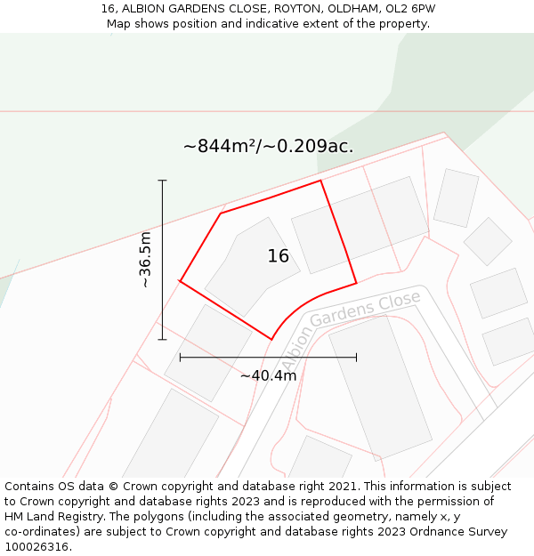 16, ALBION GARDENS CLOSE, ROYTON, OLDHAM, OL2 6PW: Plot and title map