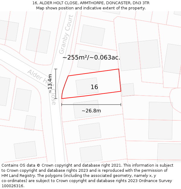 16, ALDER HOLT CLOSE, ARMTHORPE, DONCASTER, DN3 3TR: Plot and title map