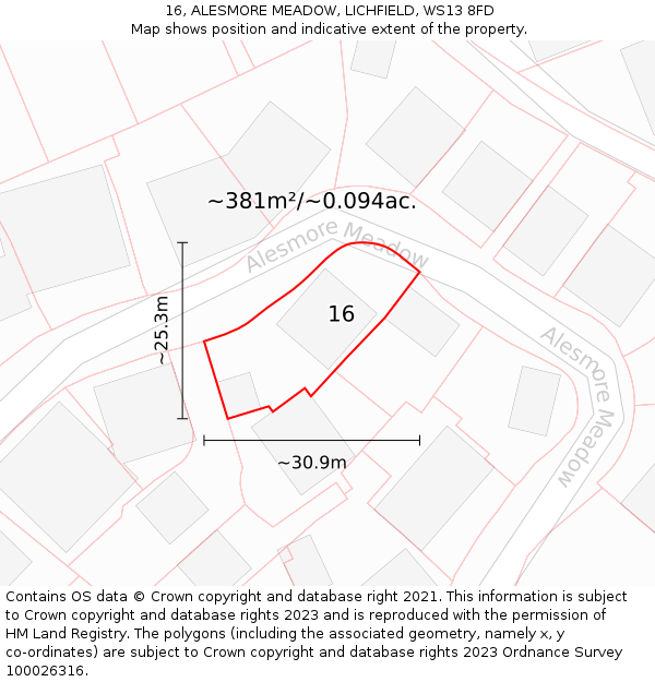16, ALESMORE MEADOW, LICHFIELD, WS13 8FD: Plot and title map