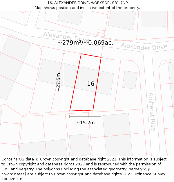 16, ALEXANDER DRIVE, WORKSOP, S81 7NP: Plot and title map