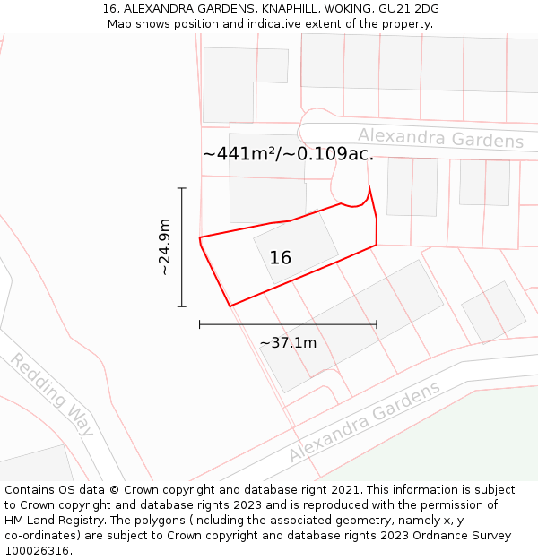 16, ALEXANDRA GARDENS, KNAPHILL, WOKING, GU21 2DG: Plot and title map