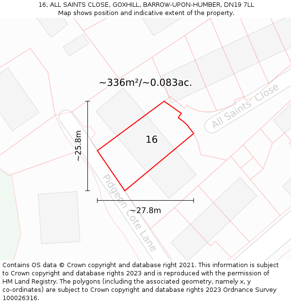 16, ALL SAINTS CLOSE, GOXHILL, BARROW-UPON-HUMBER, DN19 7LL: Plot and title map