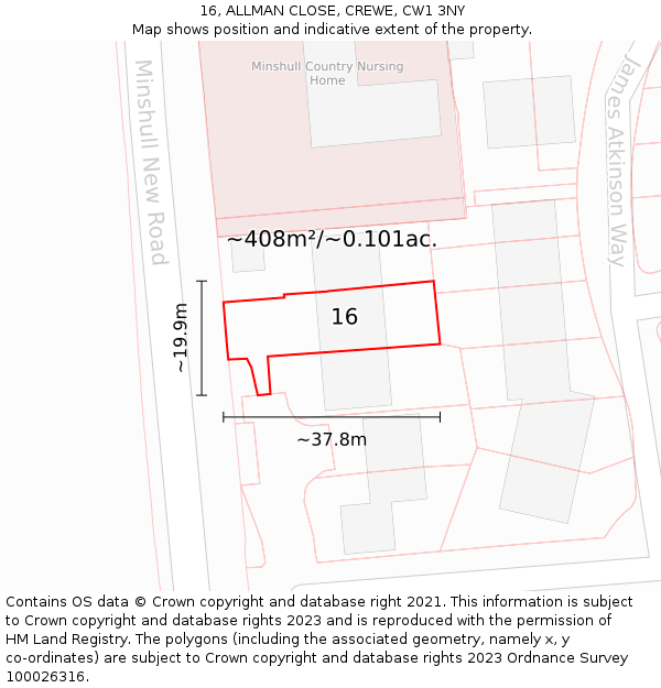 16, ALLMAN CLOSE, CREWE, CW1 3NY: Plot and title map