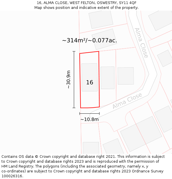16, ALMA CLOSE, WEST FELTON, OSWESTRY, SY11 4QF: Plot and title map