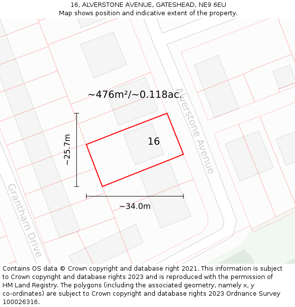 16, ALVERSTONE AVENUE, GATESHEAD, NE9 6EU: Plot and title map