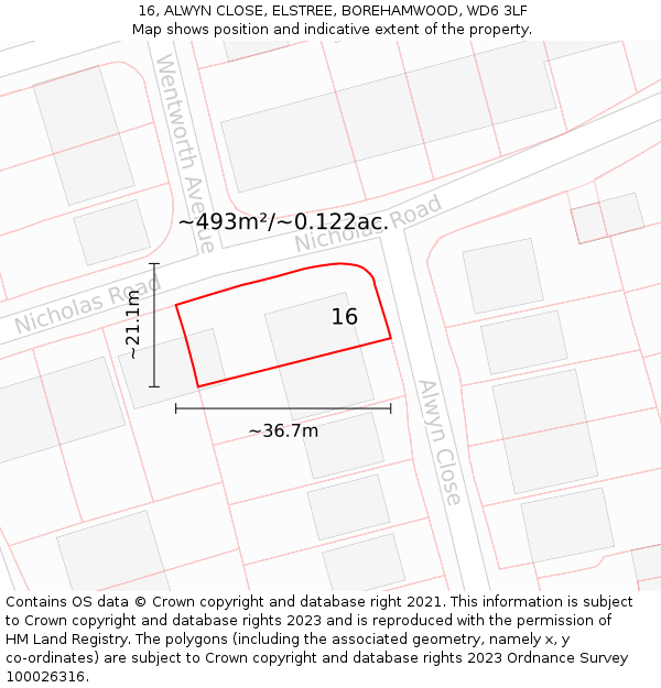 16, ALWYN CLOSE, ELSTREE, BOREHAMWOOD, WD6 3LF: Plot and title map