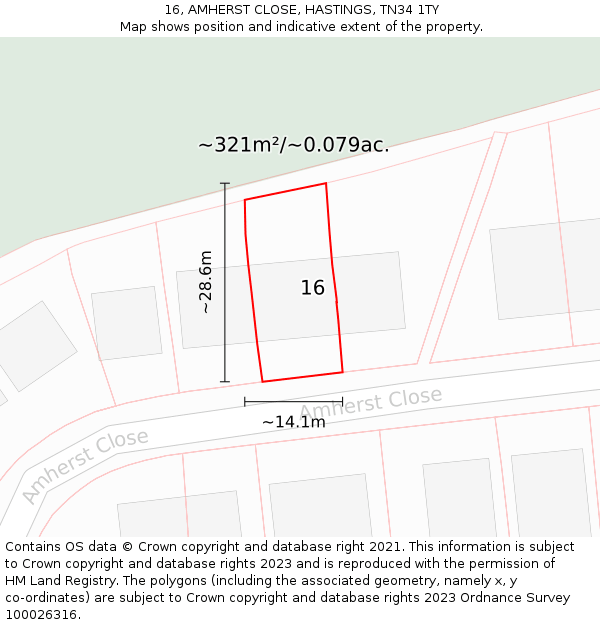 16, AMHERST CLOSE, HASTINGS, TN34 1TY: Plot and title map