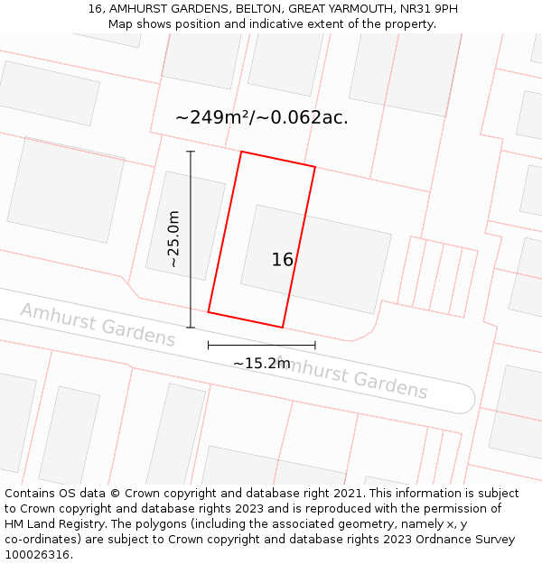 16, AMHURST GARDENS, BELTON, GREAT YARMOUTH, NR31 9PH: Plot and title map