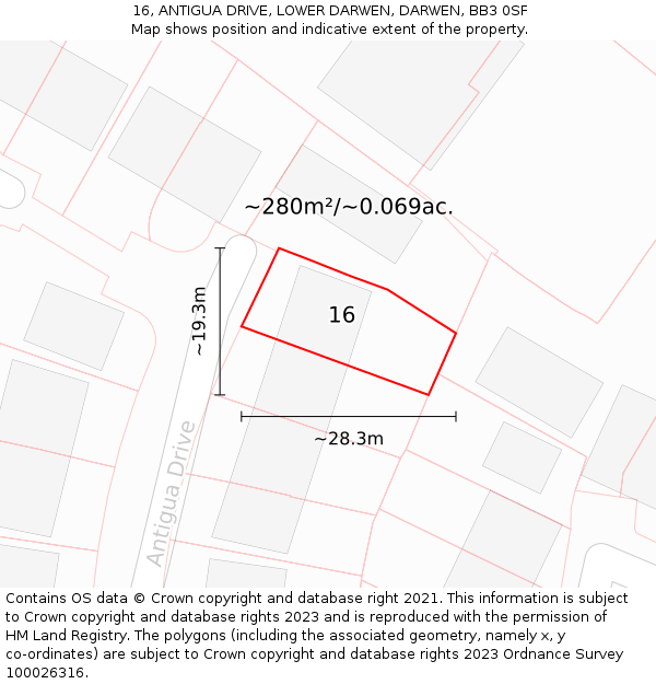 16, ANTIGUA DRIVE, LOWER DARWEN, DARWEN, BB3 0SF: Plot and title map