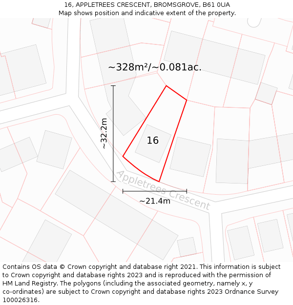 16, APPLETREES CRESCENT, BROMSGROVE, B61 0UA: Plot and title map