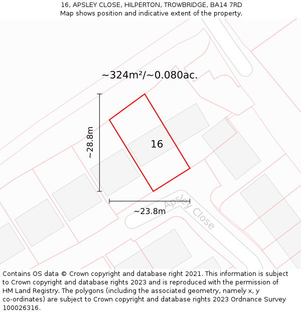 16, APSLEY CLOSE, HILPERTON, TROWBRIDGE, BA14 7RD: Plot and title map