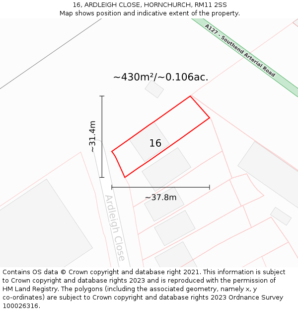 16, ARDLEIGH CLOSE, HORNCHURCH, RM11 2SS: Plot and title map