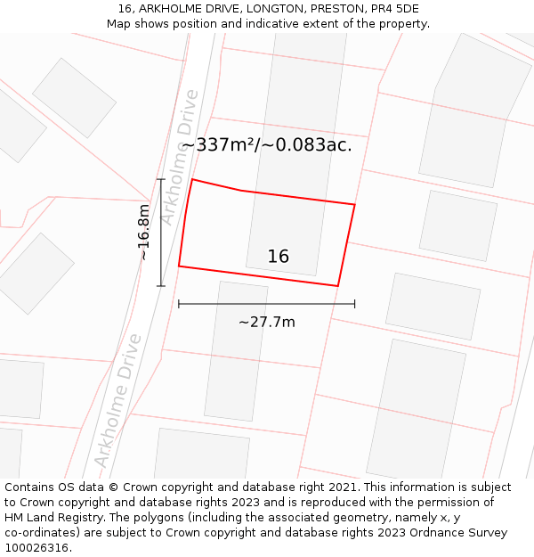 16, ARKHOLME DRIVE, LONGTON, PRESTON, PR4 5DE: Plot and title map