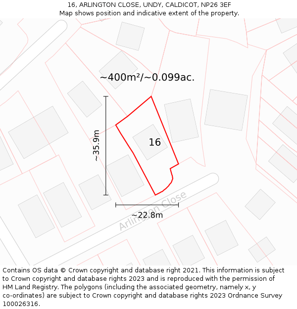 16, ARLINGTON CLOSE, UNDY, CALDICOT, NP26 3EF: Plot and title map