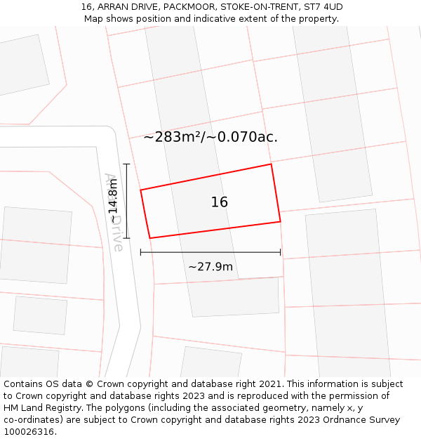 16, ARRAN DRIVE, PACKMOOR, STOKE-ON-TRENT, ST7 4UD: Plot and title map