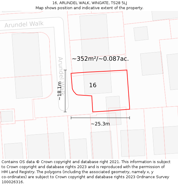 16, ARUNDEL WALK, WINGATE, TS28 5LJ: Plot and title map