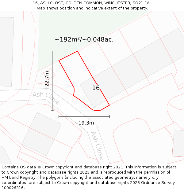16, ASH CLOSE, COLDEN COMMON, WINCHESTER, SO21 1AL: Plot and title map