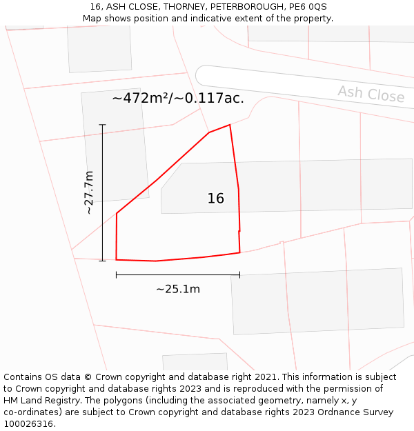 16, ASH CLOSE, THORNEY, PETERBOROUGH, PE6 0QS: Plot and title map