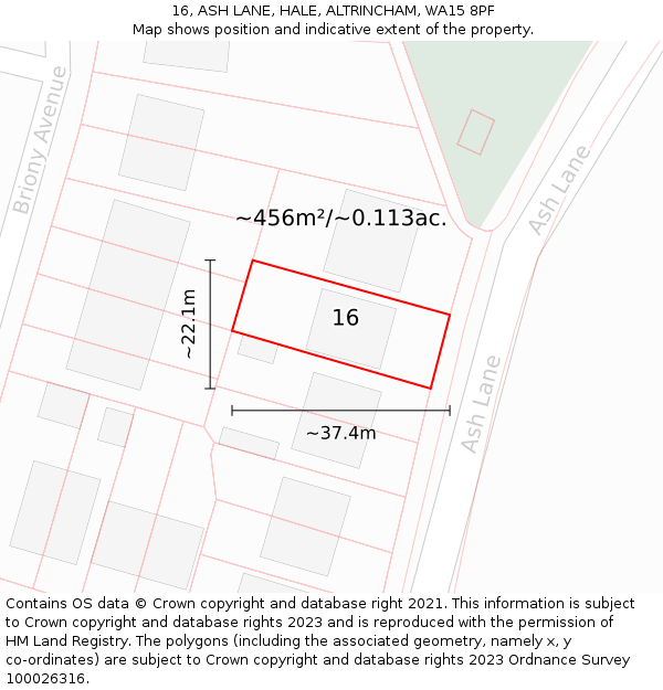 16, ASH LANE, HALE, ALTRINCHAM, WA15 8PF: Plot and title map