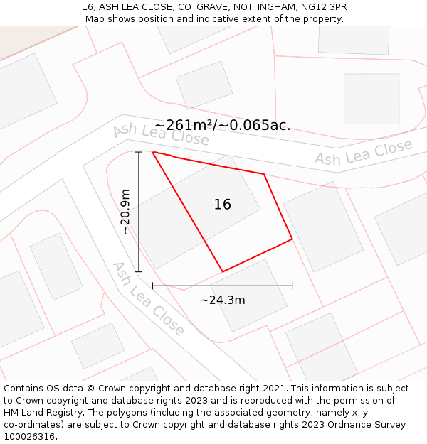 16, ASH LEA CLOSE, COTGRAVE, NOTTINGHAM, NG12 3PR: Plot and title map