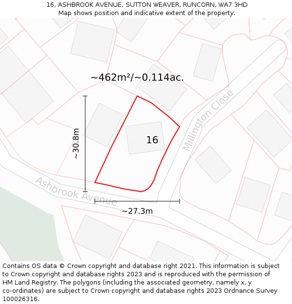 16, ASHBROOK AVENUE, SUTTON WEAVER, RUNCORN, WA7 3HD: Plot and title map